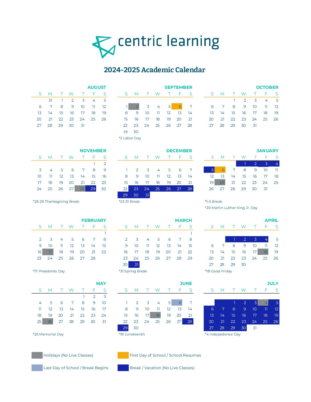 2023-2024 Academic Calendar | Centric Learning Academy